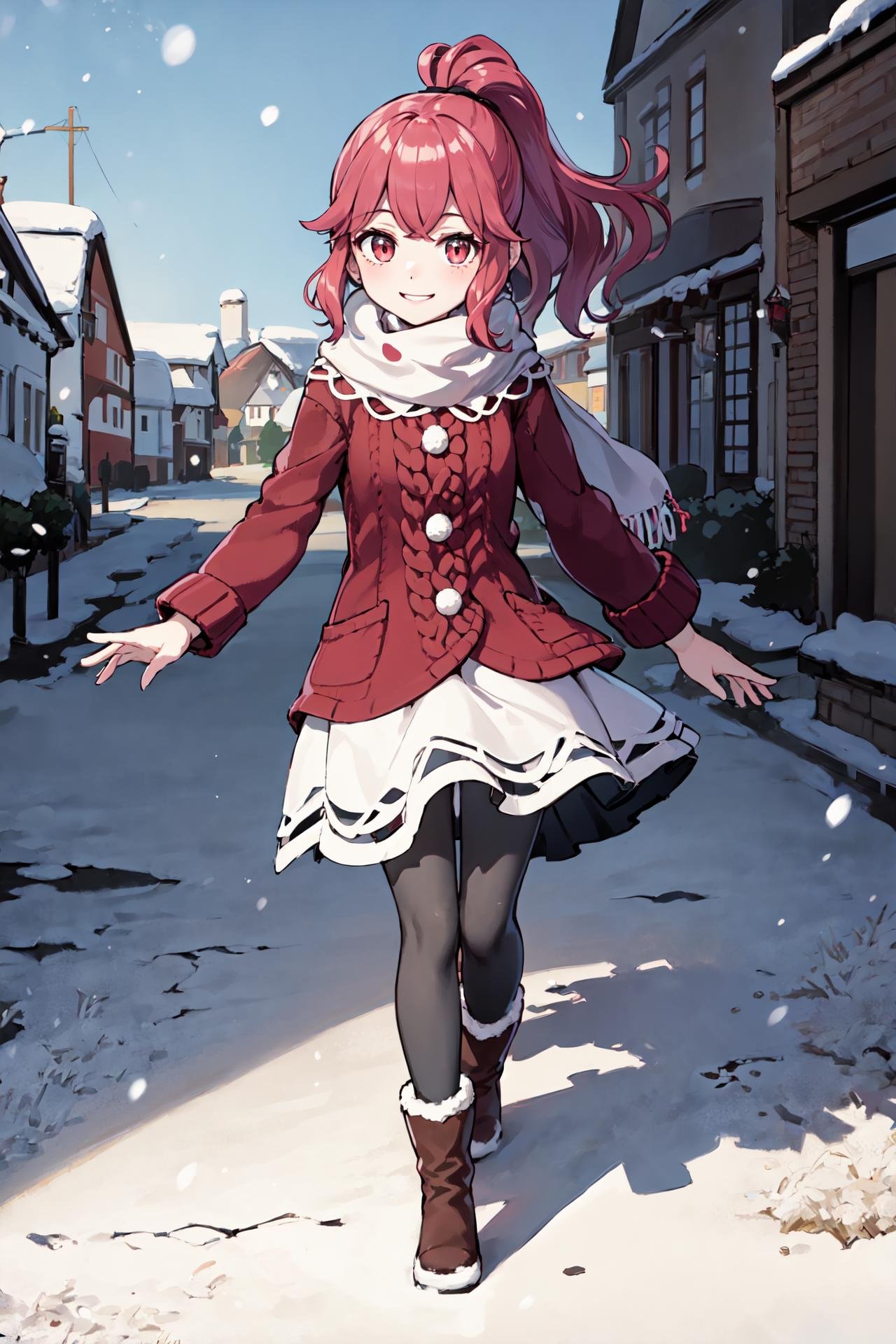 Walking, pretending to follow a butterfly,front view,<lora:annaV2:0.85>,oth_anna, red sweater dress, white skirt, boots, looking at viewer, pantyhose, brown footwear, long sleeves, smile, scarf, fur-trimmed boots, ankle boots,snowing,town,outdoors, (masterpiece, best quality, ultra-detailed, best shadow)