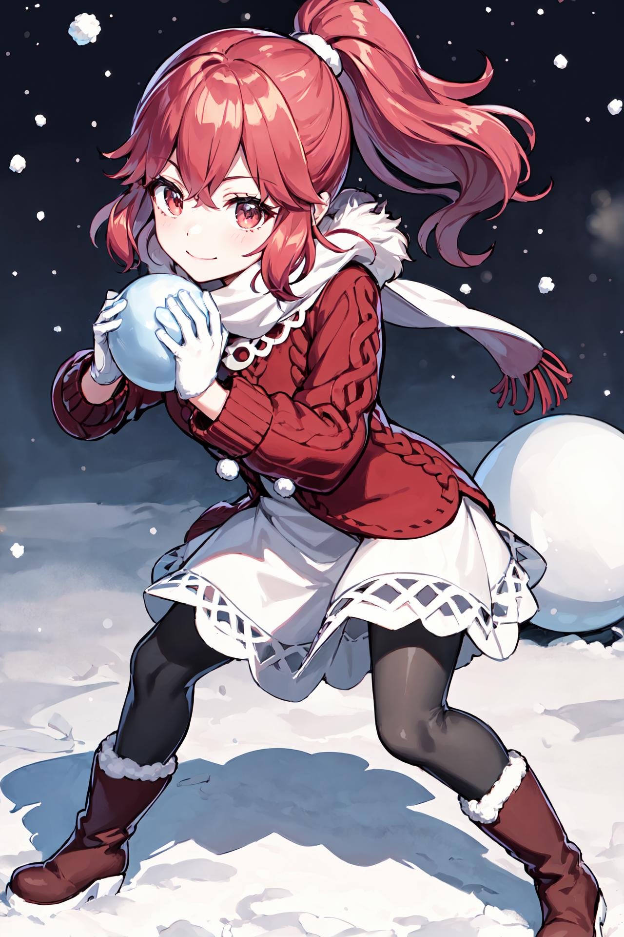 fighting stance, (snowball fight:1.2), <lora:annaV2:0.8>,oth_anna,closed mouth,  red sweater dress, white skirt, boots, looking at viewer, pantyhose, brown footwear, long sleeves, smile, scarf, fur-trimmed boots, ankle boots,snowing,town,night,outdoors, (masterpiece, best quality, ultra-detailed, best shadow