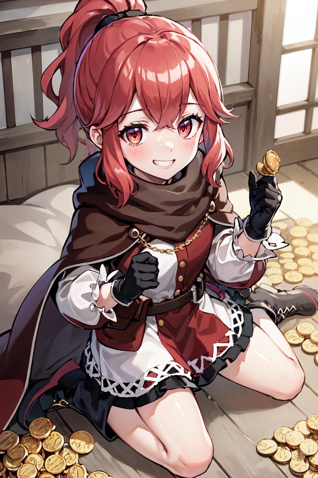 upper body,holding coins,(pile of gold coins,from above:1.2),<lora:annaV2:0.85>,def_anna, gloves,grin, looking at viewer, black gloves, boots, long sleeves, dress, cape, pouch,black footwear, cloak, belt, brown cape, puffy sleeves, belt pouch, ankle boots, buttons, puffy long sleeves, scarf, skirt, brown cloak,brown scarf, indoors, (masterpiece, best quality, ultra-detailed, best shadow)