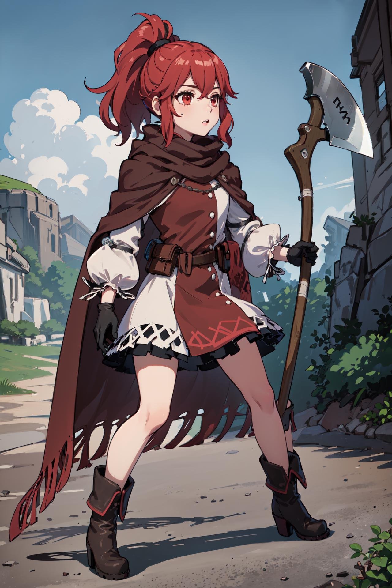 (holding axe,battle:1.2),<lora:annaV2:0.8>,def_anna, gloves, black gloves, boots, long sleeves, dress, cape, pouch,black footwear, cloak, belt, brown cape, puffy sleeves, belt pouch, ankle boots, buttons, puffy long sleeves, scarf, skirt, brown cloak,brown scarf, outdoors, (masterpiece, best quality, ultra-detailed, best shadow)