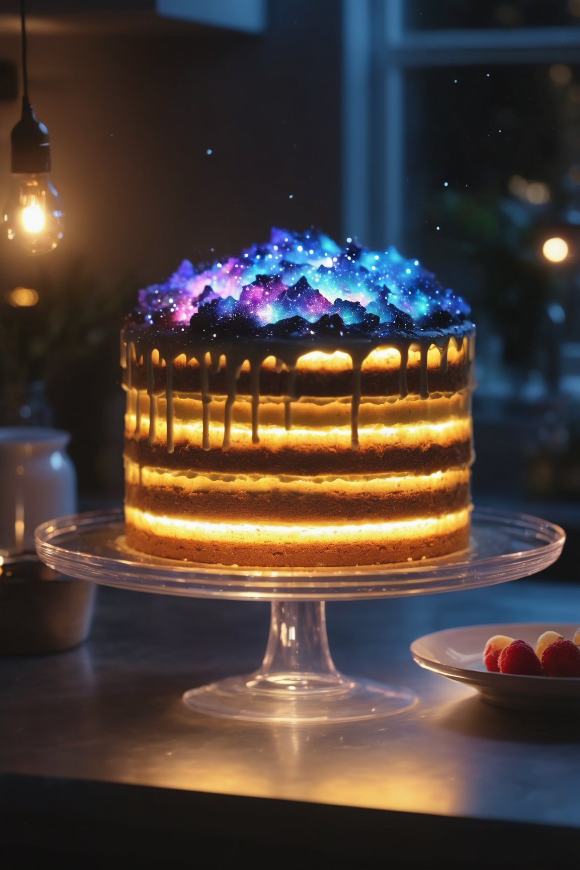 Delicious glowing galaxy cake on a dining table in the kitchen, comfortable light ,romantic light, ultra details ,photorealistic, realistic ,gel lighting, Cinematic, Filmic, medium shot, 4k, Front-light, Cinematic Lighting, volumetric Light, Ray Tracing Reflections, Chromatic Aberration, photography, hyper realistic, 4k, 8k,closeup
