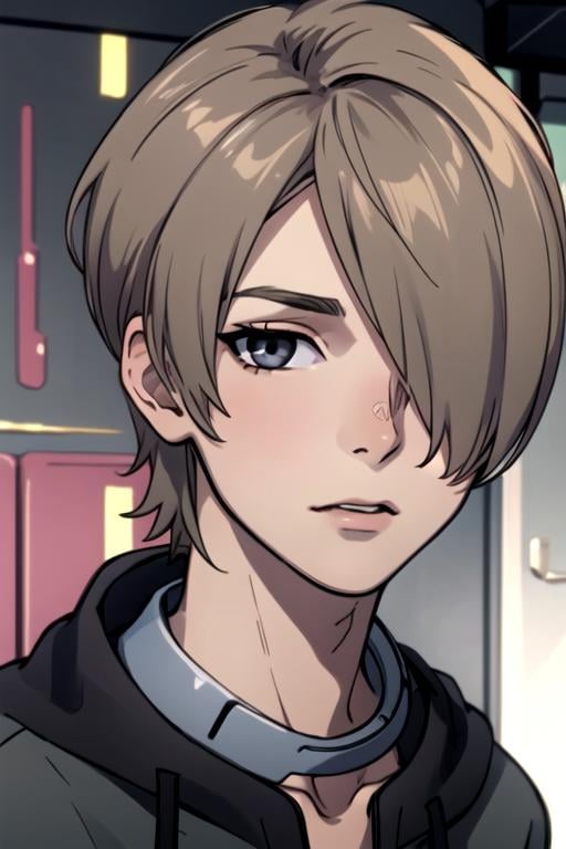 masterpiece, best quality, game cg, 1boy, solo, male focus, looking at viewer, , depth of field, , , <lora:you_takami:0.66>, you_takami, taupe hair, grey eyes, hair over one eye, short hair, candy costume, ,