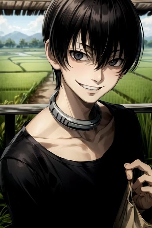 masterpiece, best quality, wallpaper, 1boy, solo, male focus, looking at viewer, upper body, depth of field, anime coloring, , <lora:bundo_rokuro:0.72>, bundo_rokuro, black hair, black eyes, , evil smile, , bags under eyes, , decade costume, rice paddy,