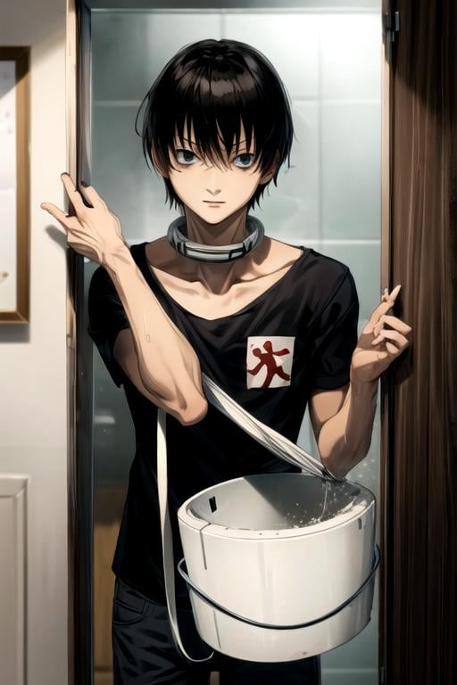 masterpiece, best quality, wallpaper, 1boy, solo, male focus, looking at viewer, , , , , <lora:bundo_rokuro:0.78>, bundo_rokuro, black hair, black eyes, , , crazy eyes, , , , bucket hat, shower,