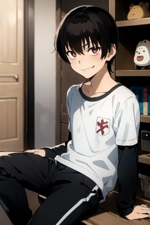 masterpiece, best quality, illustration, 1boy, solo, male focus, looking at viewer, , depth of field, anime coloring, realistic, <lora:bundo_rokuro:0.70>, bundo_rokuro, black hair, black eyes, , evil smile, , , constricted pupils, track pants, bobble hat, ancient rome, HD