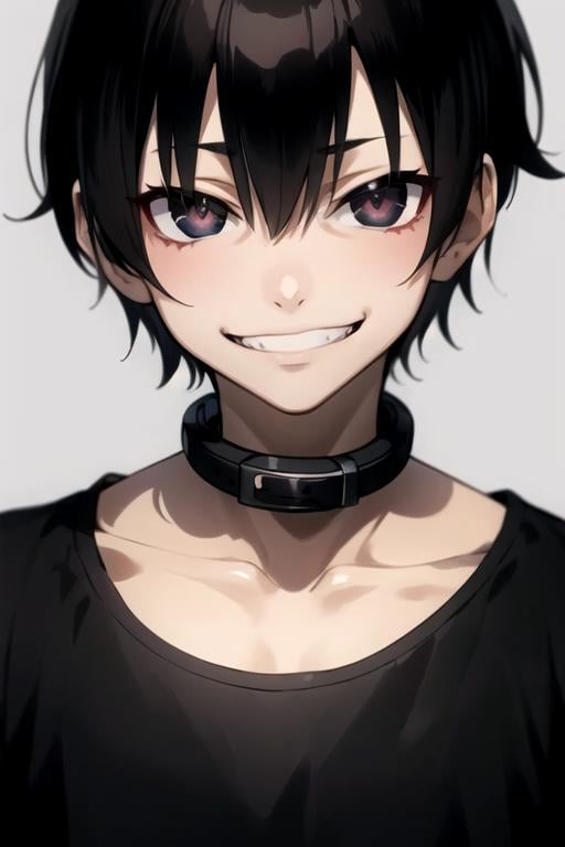 masterpiece, best quality, sketch, 1boy, solo, male focus, looking at viewer, , depth of field, , , <lora:bundo_rokuro:0.68>, bundo_rokuro, black hair, black eyes, collar, evil smile, crazy eyes, bags under eyes, constricted pupils, , , , 16k resolution