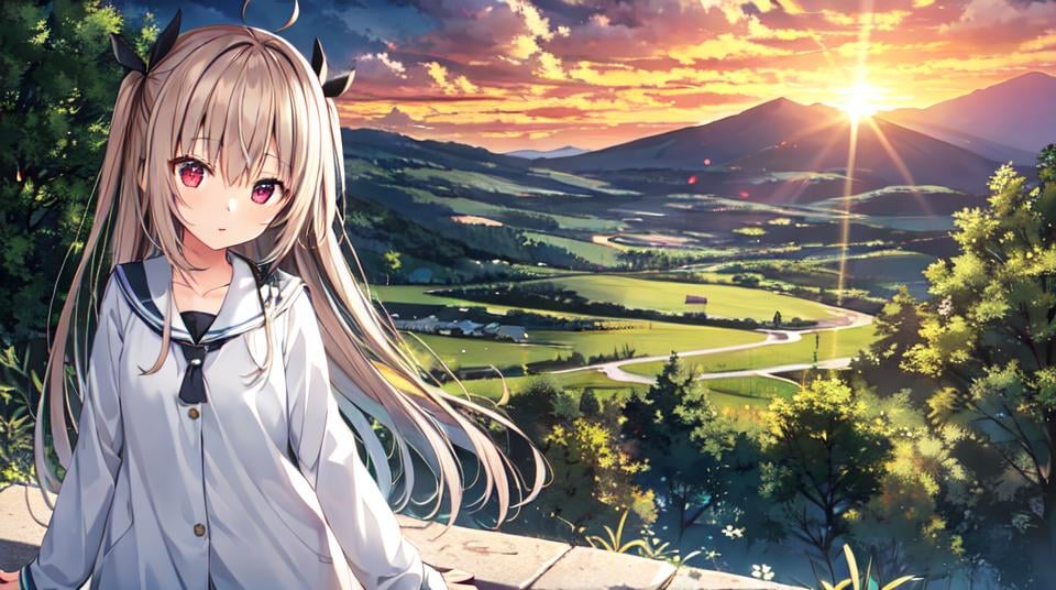 atri, 1girl, red eyes,solo,ahoge,white skirt,landscape,The distant mountain,yokozuwari<lora:ATRItest:0.5>