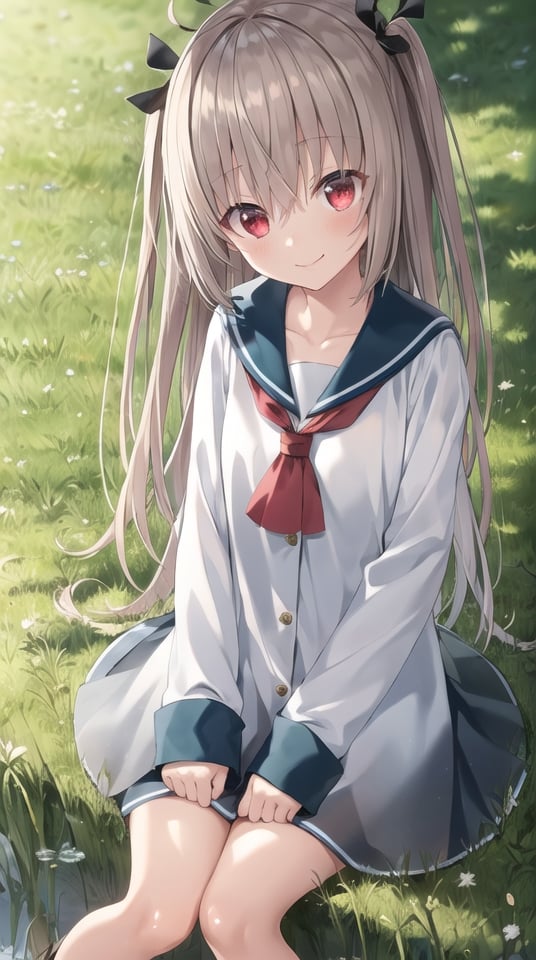 atri,1girl,red eyes,solo,ahoge,arms behind back,long hair,full body,shoes,sailor dress,black ribbon,ribbon,brown footwear,sailor collar,hair ribbon,loafers,hair between eyes,blue sailor collar,two side up,blush,very long hair,see-through,smile,neckerchief,red neckerchief,wide sleeves,collarbone,white skirt,see-through skirtlake,sitting,grass,<lora:ATRItest:0.55>,