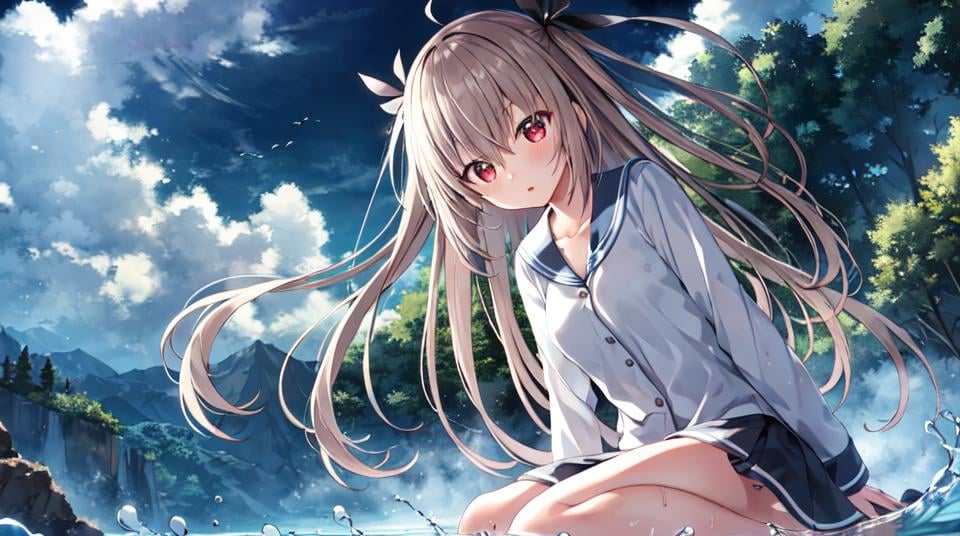 atri, 1girl, red eyes,solo,ahoge,white skirt,beautiful detailed water,The distant mountain,wariza<lora:ATRItest:0.5>