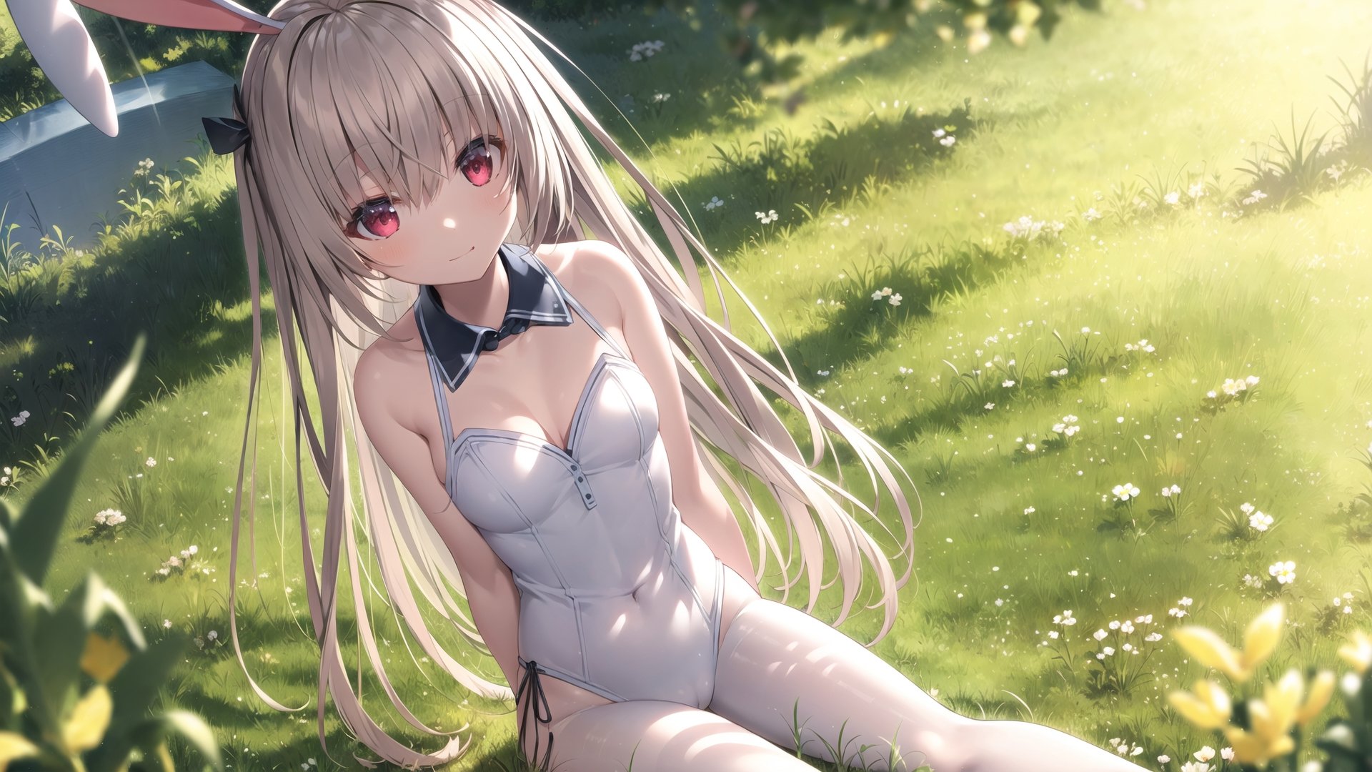 atri,1girl,red eyes,solo,ahoge,arms behind back,playboy bunny,white pantyhose,bunny tail,__sitpose__,__fengjing__,__fengjing__,__skypose__,outdoors,lake,sitting,grass,<lora:ATRItest:0.55>,