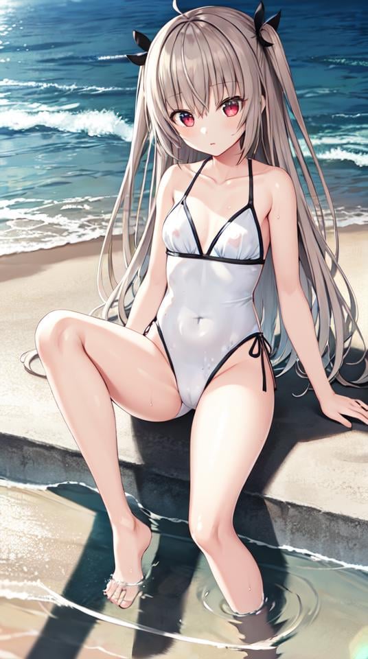 atri, 1girl, red eyes,solo,ahoge,white one-piece swimsuit,on the beach,beautiful detailed water,m legs<lora:ATRItest:0.5>