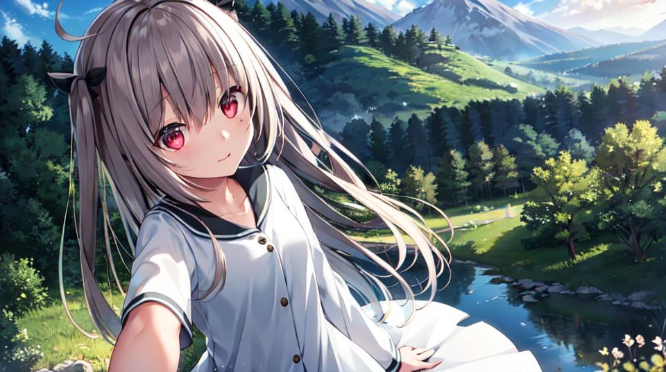 atri, 1girl, red eyes,solo,ahoge,white skirt,ripple,mountain,selfie<lora:ATRItest:0.5>