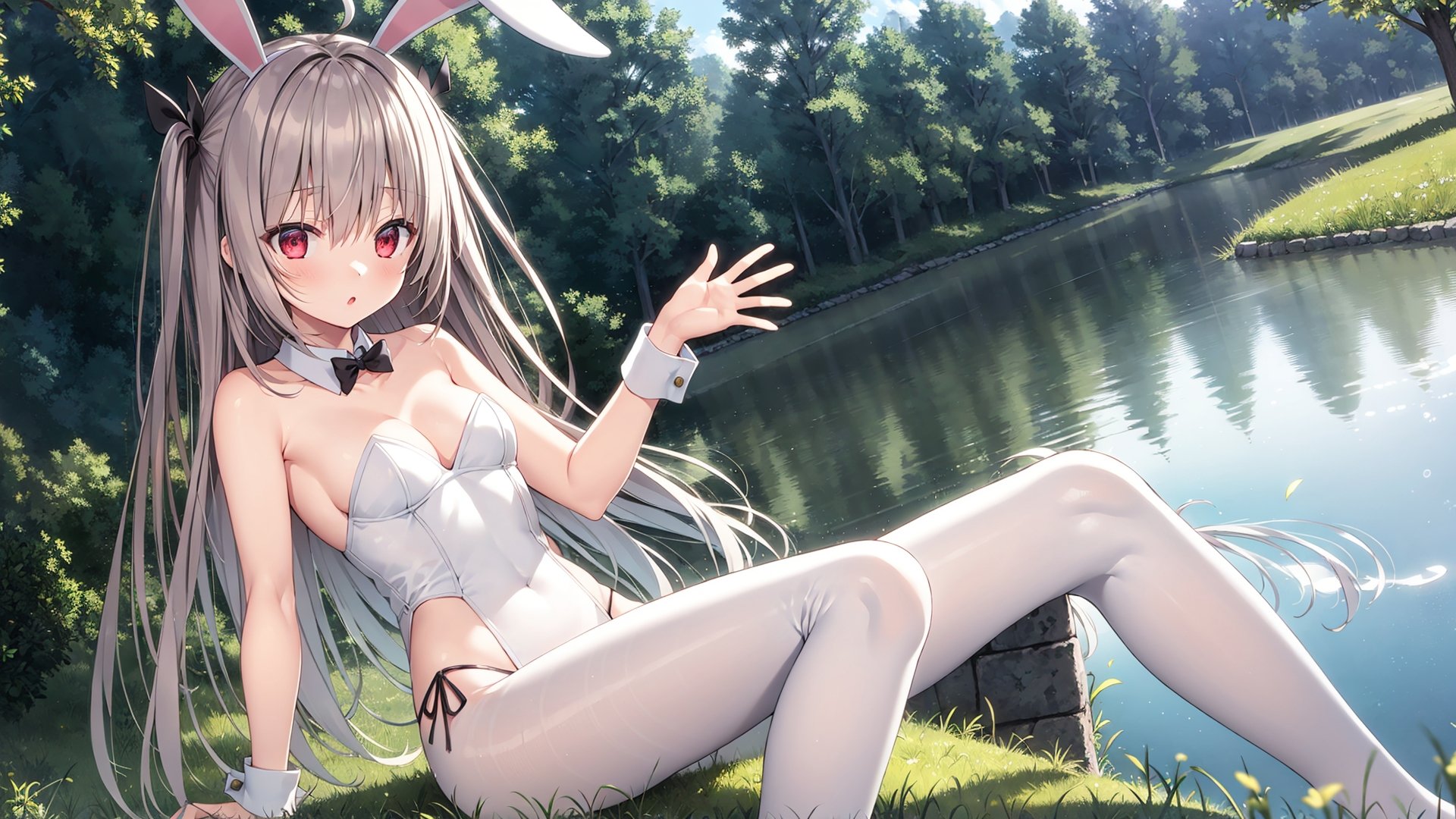 atri,1girl,red eyes,solo,ahoge,playboy bunny,white pantyhose,__sitpose__,__fengjing__,__fengjing__,__skypose__,outdoors,lake,<lora:ATRItest:0.55>,