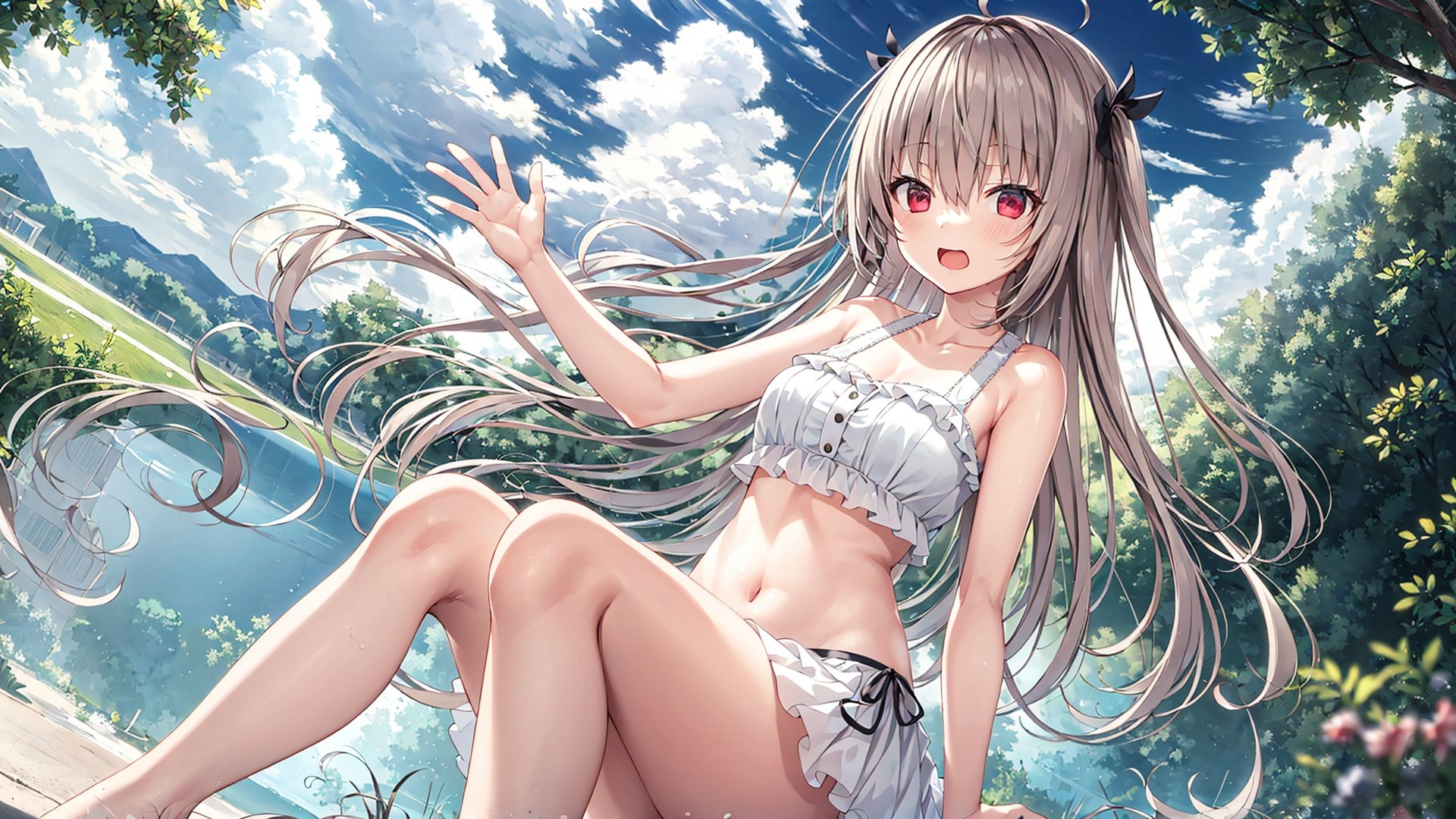 atri,1girl,red eyes,solo,ahoge,__sitpose__,__fengjing__,__fengjing__,__skypose__,outdoors,lake,<lora:ATRItest:0.55>,