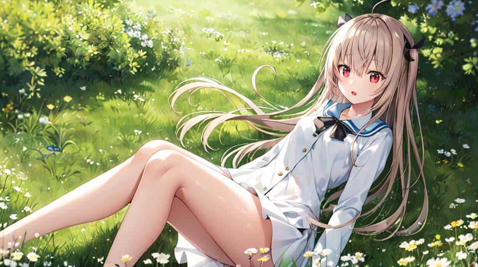 atri, 1girl, red eyes,solo,ahoge,white skirt,in a meadow,ocean,yokozuwari<lora:ATRItest:0.5>