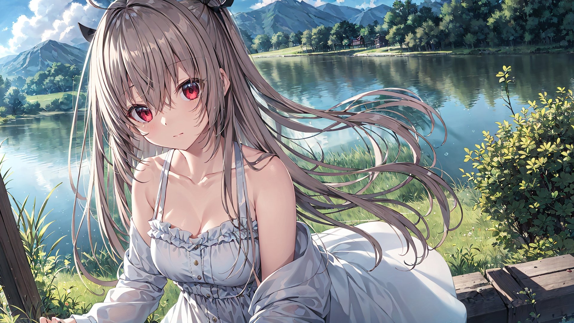 atri,1girl,red eyes,solo,ahoge,__sitpose__,__fengjing__,__fengjing__,__skypose__,outdoors,lake,<lora:ATRItest:0.55>,