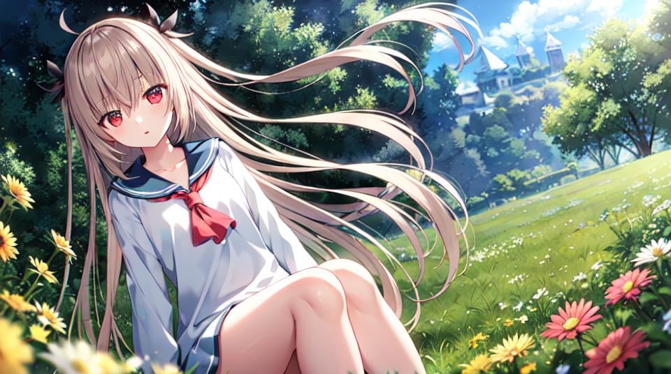 atri, 1girl, red eyes,solo,ahoge,white skirt,red neckerchief, flowers meadows,beautiful detailed sky,m legs<lora:ATRItest:0.5>