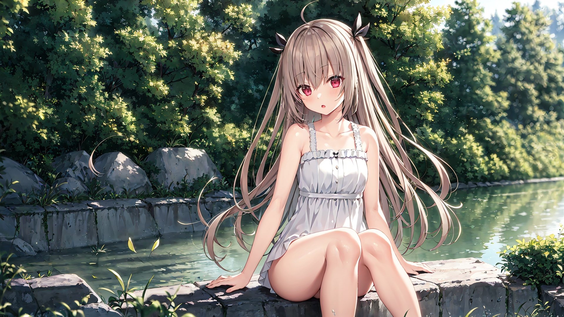 atri,1girl,red eyes,solo,ahoge,__sitpose__,__fengjing__,__fengjing__,outdoors,river, <lora:ATRItest:0.55>