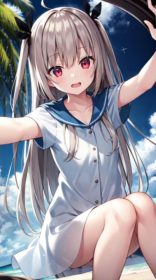 atri, 1girl, red eyes,solo,ahoge,white skirt,on the beach,beautiful detailed sky,selfie<lora:ATRItest:0.5>