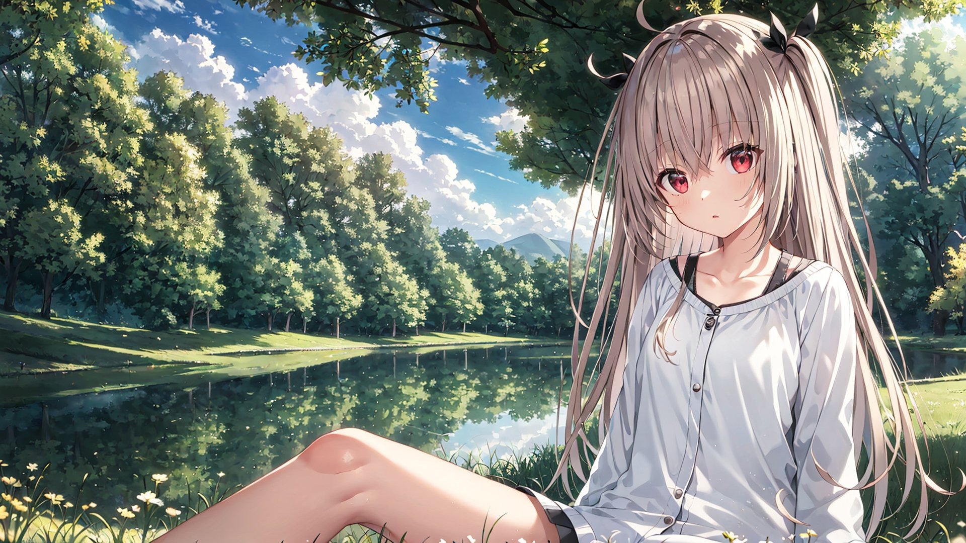 atri,1girl,red eyes,solo,ahoge,__sitpose__,__fengjing__,__fengjing__,__skypose__,outdoors,lake,<lora:ATRItest:0.55>,