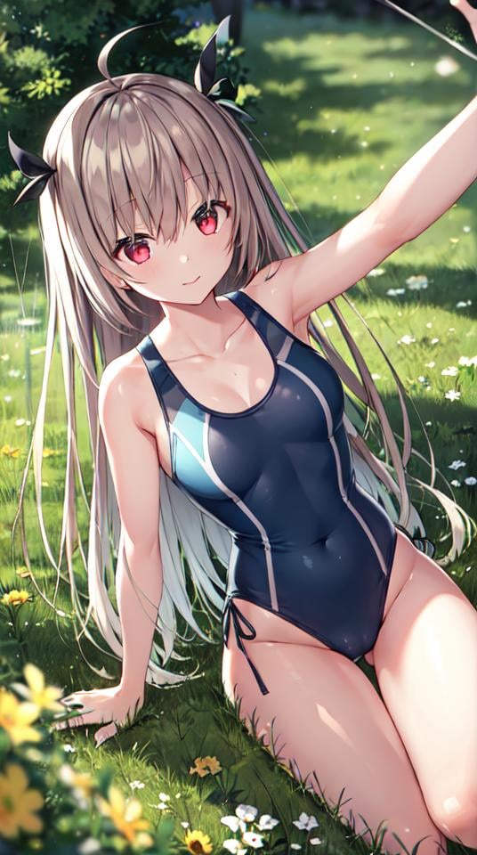 atri, 1girl, red eyes,solo,ahoge,white one-piece swimsuit,landscape,in a meadow,selfie<lora:ATRItest:0.5>