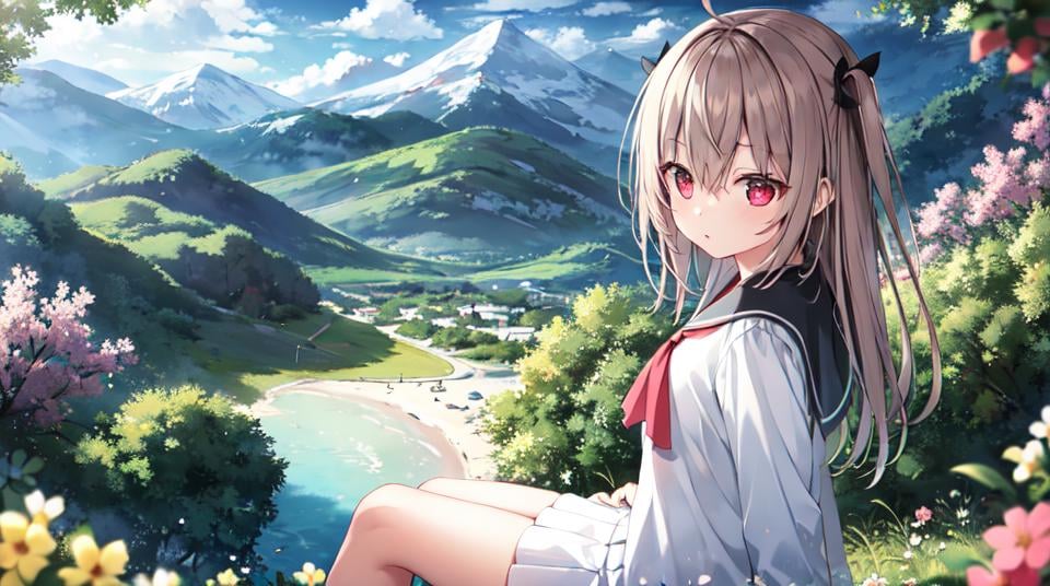 atri, 1girl, red eyes,solo,ahoge,white skirt,red neckerchief, The distant mountain,flower,yokozuwari<lora:ATRItest:0.5>