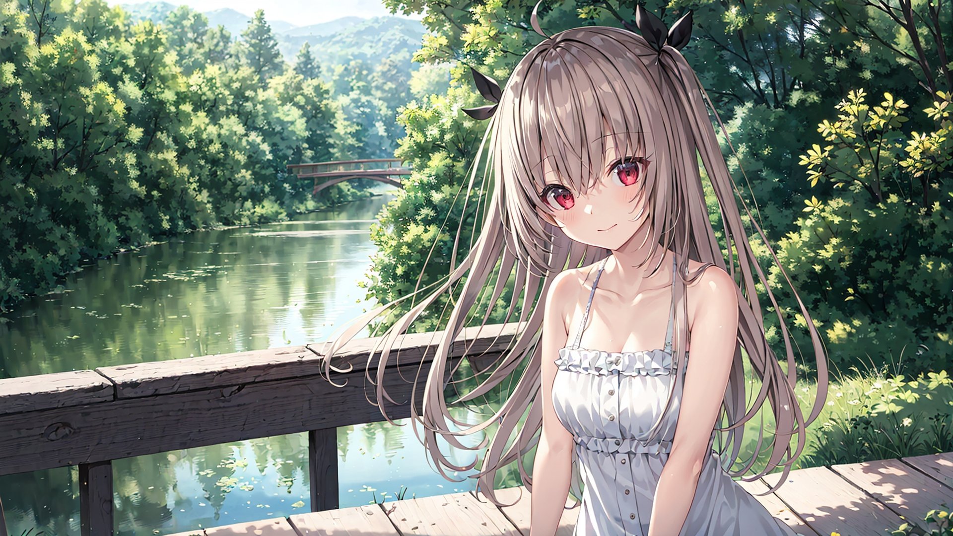 atri,1girl,red eyes,solo,ahoge,__sitpose__,__fengjing__,__fengjing__,outdoors,river, <lora:ATRItest:0.55>