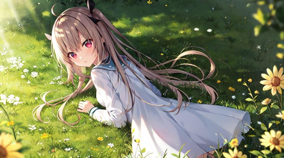 atri, 1girl, red eyes,solo,ahoge,white skirt,in a meadow,flower,looking_back<lora:ATRItest:0.5>