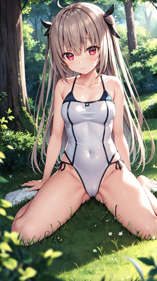 atri, 1girl, red eyes,solo,ahoge,white one-piece swimsuit,forest,outdoors,wariza<lora:ATRItest:0.5>