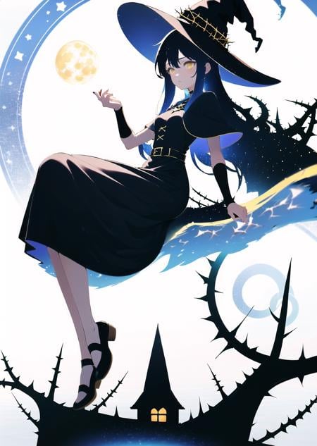 1girl, white background  (starry sky,  full moon, thorns:1.5), yellow eyes, book, (absurdly long hair, floating hair:1.4), floating hair, cross, blue hair, sky, cloud, socks, bare hands, (magic circle, witch, witch hat:1.4), tree, dress, long skirt, (house, chimney:1.2) <lora:hair_with_scenery:1>