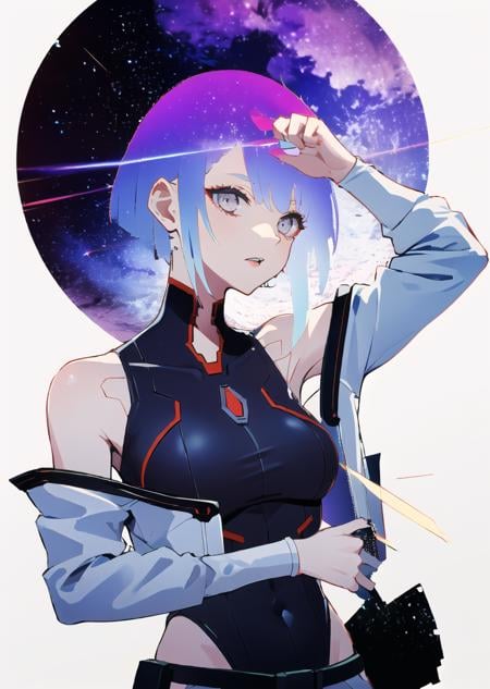 1girl, (white background:1.9), (galaxy, moon:1.3), upper body, lucy \(cyberpunk\), arm up, asymmetrical hair, belt, bodysuit, covered mouth, covered navel, detached sleeves, grey eyes, hip vent, holding, holding weapon, looking at viewer, night, night sky, pouch, short hair, sky, solo, weapon, white hair, wire, short shorts, shorts, open jacket <lora:hair_with_scenery:1.2> <lora:lucyCyberpunk_35Epochs:0.8>