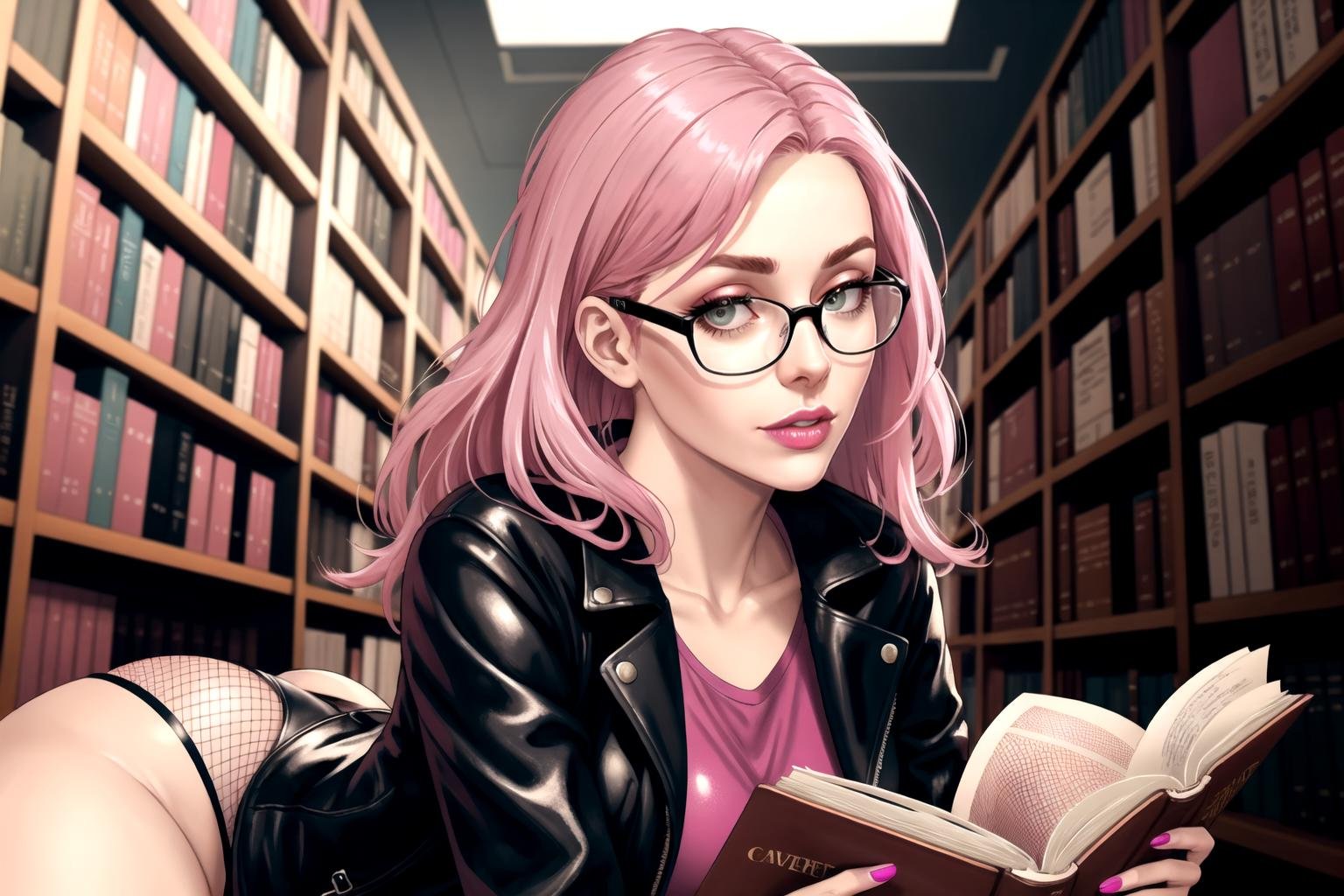 pink haired woman in fishnet stockings and leather jacket with thick rimmed glasses, in the library, looking up at you while reading a book