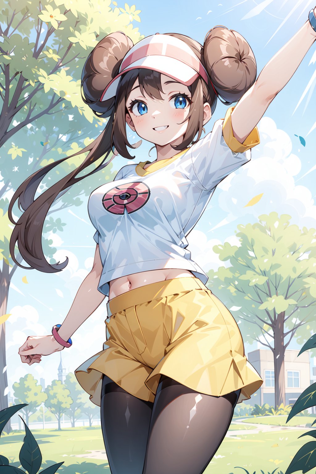 (masterpiece,  best quality),  1girl,  looking at viewer, rosa_pok_ecsta,  rosa (pokemon),  brown hair,  blue eyes,  twintails,  visor cap,  double bun,  white shirt,  blue sleeves,  yellow shorts,  frilly flared mustard shorts,  pantyhose,  pattern,  (cinematic lighting,  sunlight,  perfect lighting,  perfect shadow),  smile,  dynamic view,  outdoors,  park,  garden,<lora:EMS-87886-EMS:0.400000>