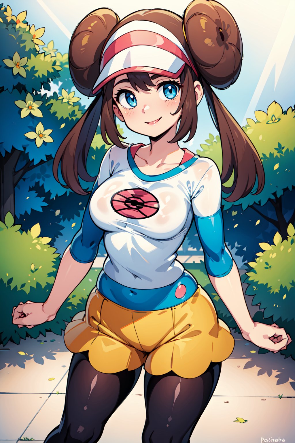 (masterpiece,  best quality),  1girl,  looking at viewer, rosa_pok_ecsta,  rosa (pokemon),  brown hair,  blue eyes,  twintails,  visor cap,  double bun,  white shirt,  blue sleeves,  yellow shorts,  frilly flared mustard shorts,  pantyhose,  pattern,  (cinematic lighting,  sunlight,  perfect lighting,  perfect shadow),  smile,  dynamic view,  outdoors,  park,  garden,<lora:EMS-87886-EMS:0.500000>