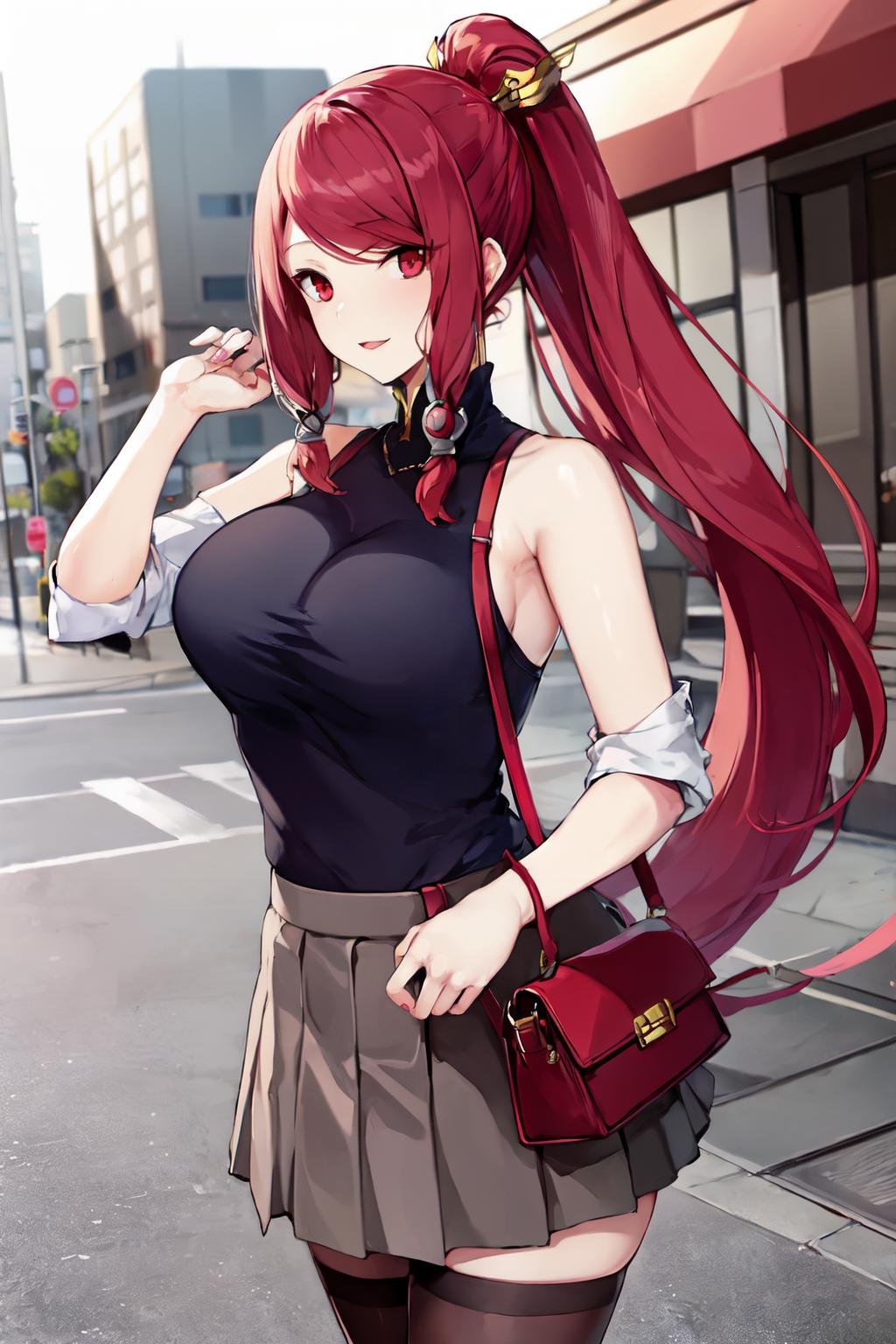 masterpiece, best quality, 1girl, izayoi \(blazblue\), red eyes, red hair, hair ornament, ponytail, large breasts, (casual clothes), skirt, street, city, <lora:Izayoi768fix-14:0.8> 