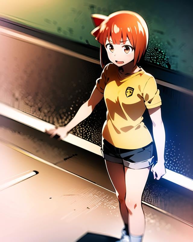 aizawa_eiko, short hair, 1girl, solo, brown eyes, red hair, yellow shirt, grey shorts, sneakers,  <lora:aizawa_eikoV1:.8>  