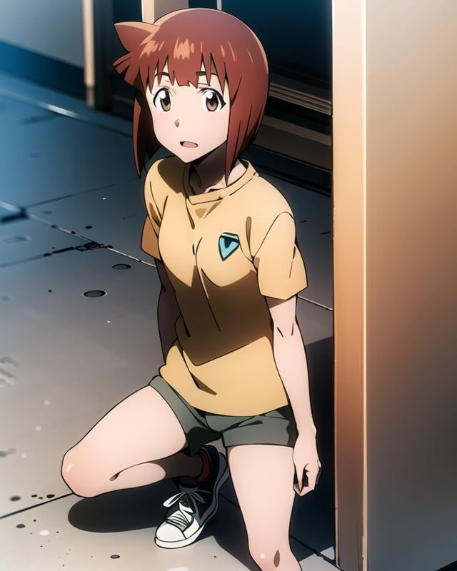 aizawa_eiko, short hair, 1girl, solo, brown eyes, red hair, yellow shirt, grey shorts, sneakers,  <lora:aizawa_eikoV1:.8>   <lora:rebuildOfEvangelion_v4b-26:.5>