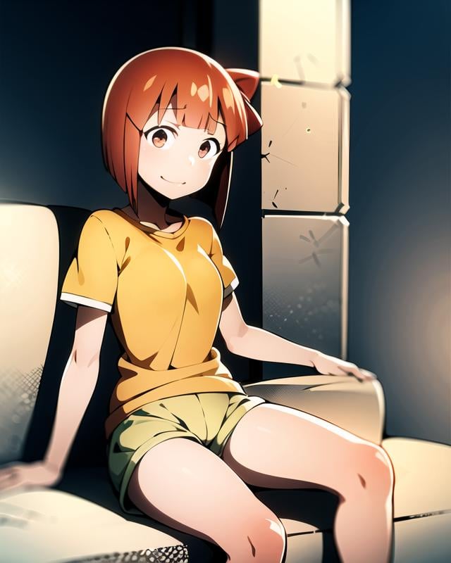 aizawa_eiko, short hair, 1girl, solo, brown eyes, red hair, yellow shirt, grey shorts, sneakers,  <lora:aizawa_eikoV1:.8>  