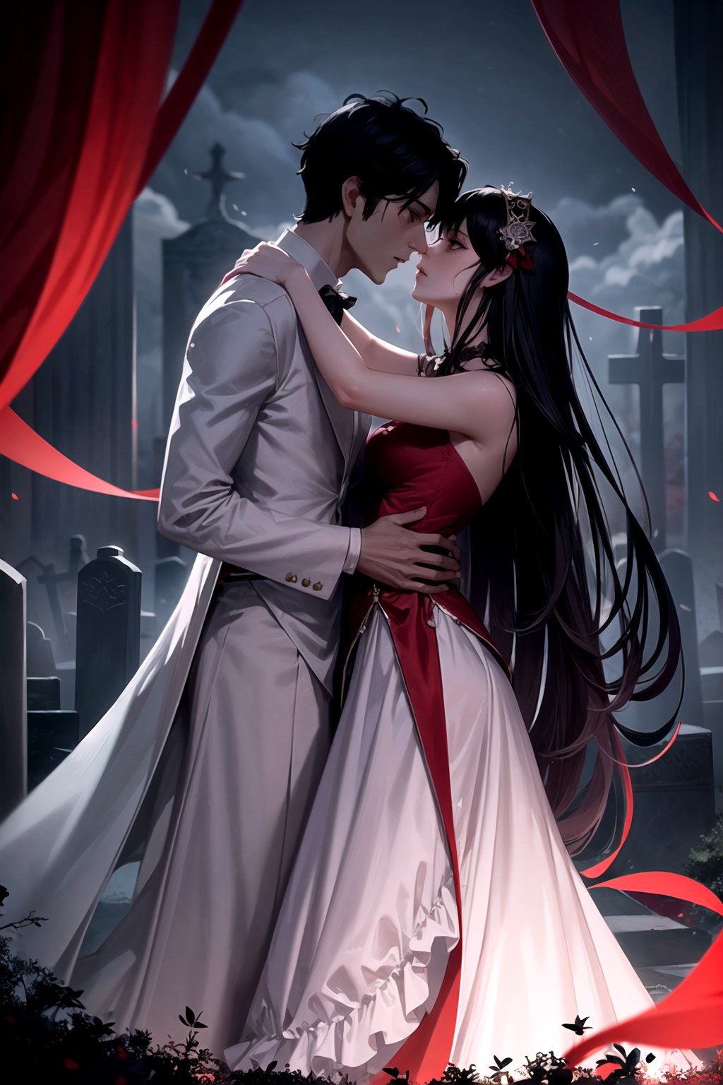 a hauntingly beautiful scene of couple vampire queen and king kissing in a moonlit cemetery, surrounded by red swirling mists. adorned in elegant attire, with flowing black feather and delicate flowers, adding a touch of ethereal beauty to the macabre setting. The lighting is soft and mysterious, casting dramatic shadows among the tombstones. This digital painting captures the essence of the dance, evoking a sense of melancholy and poetic elegance, horror