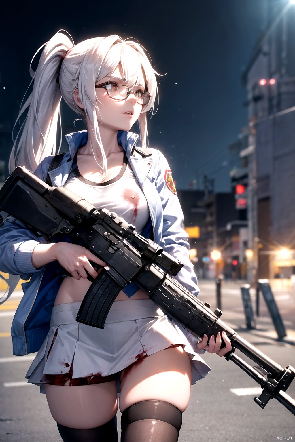 (masterpiece, best quality, official art), 1girl, glasses, ponytail, white hair, crop_top shirt, open jacket, short skirt, ((AKM-47)), bloody stream, blood splatter, depth of field, night, light particles, light rays, sidelighting, thighs, thighhighs, cloud