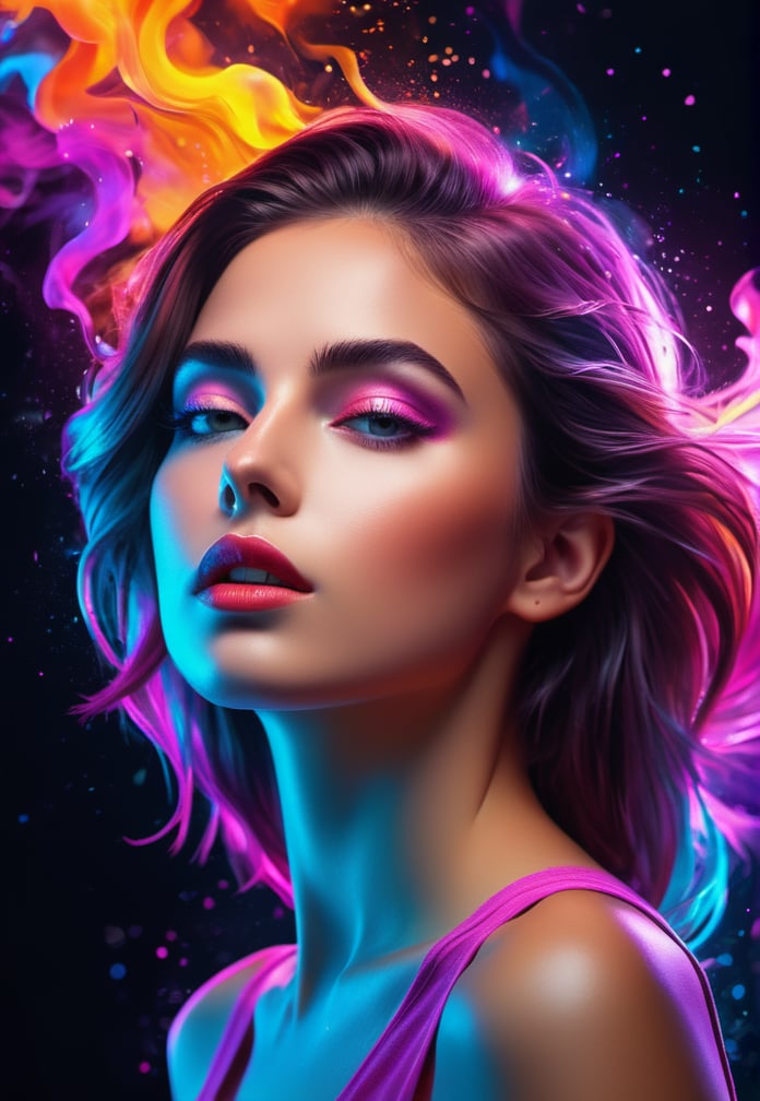  (masterpiece, best quality, realistic, detailed, sharp:1.2), bold neon colors, cartoon style illustration of a woman as she sees the world while experiencing hallucinations, stoned, splash art, splashed neon colors, (iridescent glowing smoke) ((motion effects)), best quality, wallpaper art, UHD, centered image, ((flat colors)), (cel-shading style) very bold neon colors, ((high saturation)) ink lines, psychedelic environment, fantasy, vivid colors, perfect composition, beautiful detailed intricate insanely detailed octane render trending on artstation, artistic photography, photorealistic concept art, soft natural volumetric cinematic perfect light,  ((light bokeh)), epic cinematic background, (intricate details),  4K sharpness, high detail, Photo realistic, natural lighting, skin pores, wide angle(((award-winning professional picture shot photographed with a Hasselblad H6D-400c))), 100 iso, f/4, depth of field, hard focus, glowing vibrant colors, art, Disney mythology