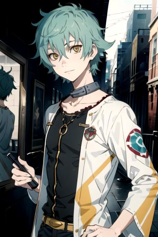 masterpiece, best quality, game cg, 1boy, solo, male focus, looking at viewer, , , , realistic, <lora:toto_sakigami:0.70>, toto_sakigami, aqua hair, yellow eyes, timber costume, The City of Mirrors,