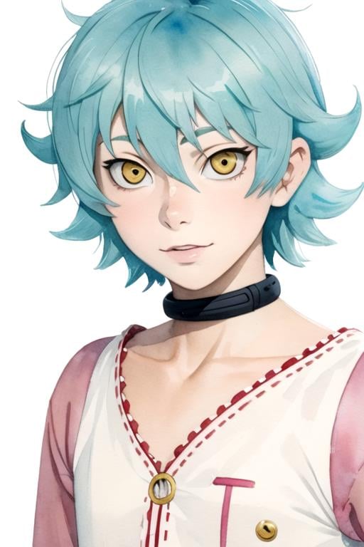 masterpiece, best quality, photorealistic, 1boy, solo, male focus, looking at viewer, , , (watercolor illustration, soft pastel colors:1.1), realistic, <lora:toto_sakigami:0.80>, toto_sakigami, aqua hair, yellow eyes, , ,