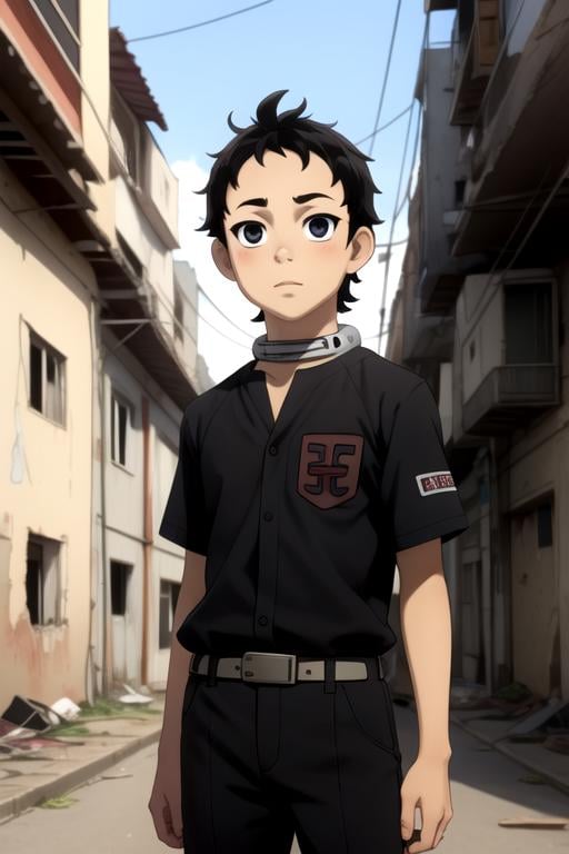 masterpiece, best quality, game cg, 1boy, solo, male focus, looking at viewer, upper body, , , realistic, <lora:ganta_igarashi:0.70>, ganta_igarashi, black hair, black eyes, decade costume, slums,