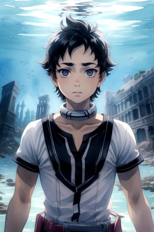 masterpiece, best quality, sketch, 1boy, solo, male focus, looking at viewer, upper body, , (watercolor illustration, soft pastel colors:1.1), , <lora:ganta_igarashi:0.80>, ganta_igarashi, black hair, black eyes, decade costume, Atlantis: A lost city of great wisdom and power, now drowned beneath the sea,