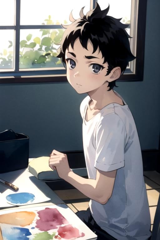 masterpiece, best quality, movie still, 1boy, solo, male focus, looking at viewer, , , (watercolor illustration, soft pastel colors:1.1), , <lora:ganta_igarashi:0.70>, ganta_igarashi, black hair, black eyes, , conservatory, 12k resolution