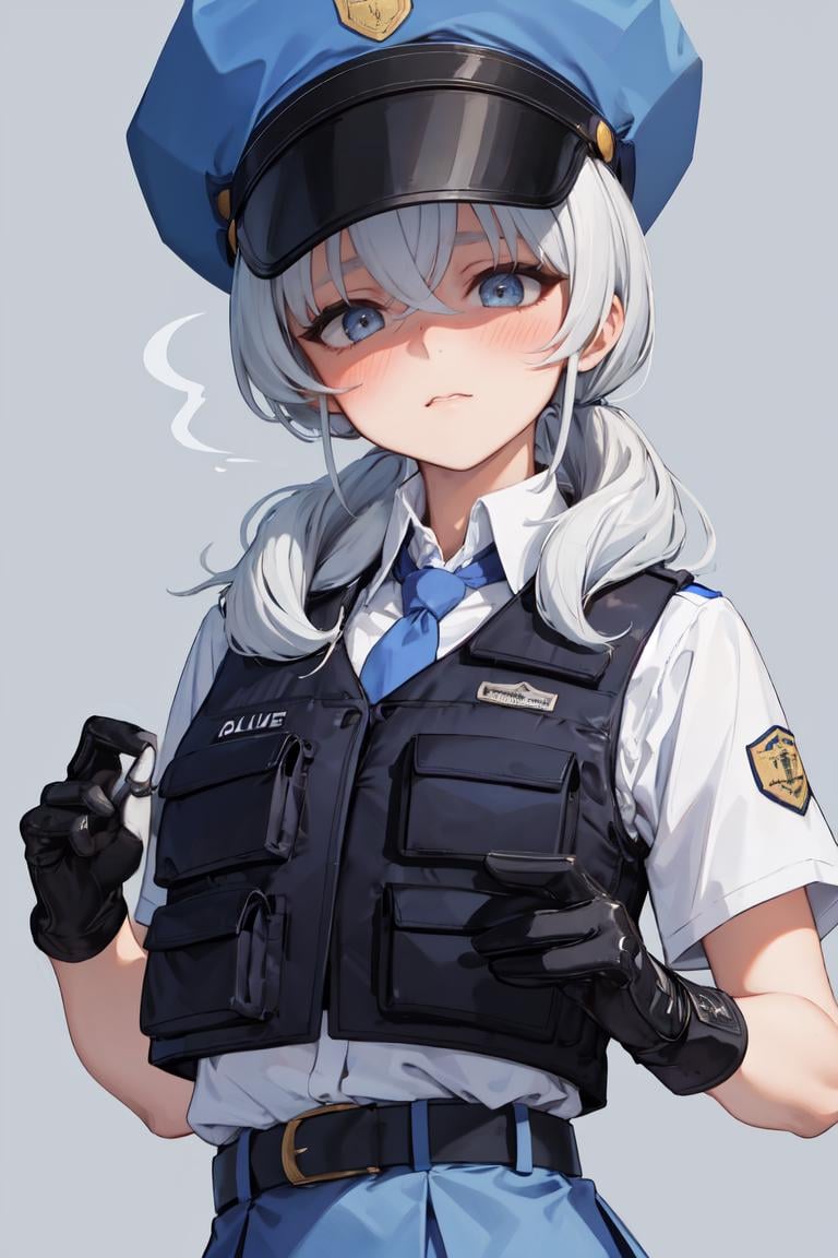 masterpiece, best quality, absurdres, perfect anatomy, 1girl, solo, ValkyriePoliceStudent, low twintails, police hat, police uniform, collared shirt, belt, blue skirt, blue necktie, gloves, upper body, simple background, portrait, blush,  <lora:ValkyriePoliceStudent:1>