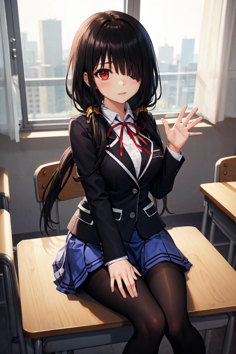 masterpiece, best quality, absurdres, KurumiSchool, low twintails, hair over one eye, school uniform, black jacket, blue skirt, neck ribbon, black pantyhose, sitting, indoors, classroom, window, waving at viewer, <lora:CHAR-TokisakiKurumi:1>