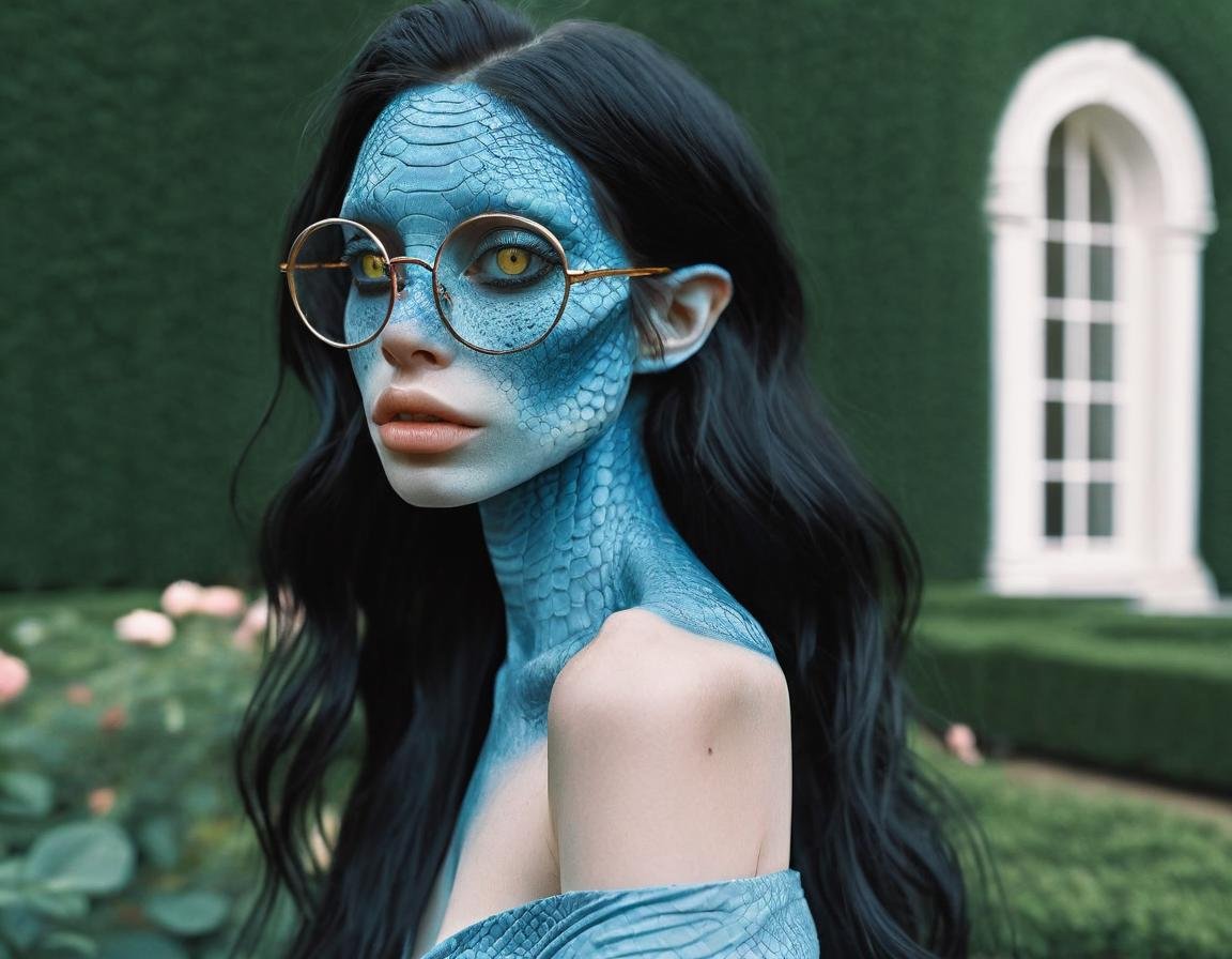 (close up face portrait:1.3), blue  reptilian girl , near a (rose garden:1.2), long black hair, narrow long mouth , oversized glasses,  (off shoulder wrap dress:1.2),  , , , body freckles,scales, <lora:SG2:.8>