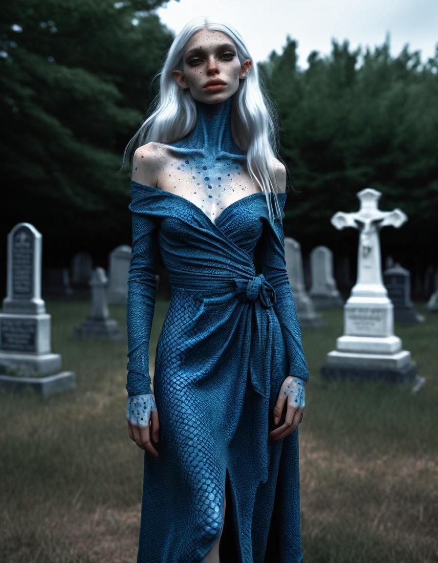 walking around ,  blue skin  reptilian girl , near a (dark graveyard:1.2), long (white hair:1.3), narrow long mouth,  (black off shoulder wrap dress:1.1),  , , , body freckles,scales, <lora:SG2:.8>